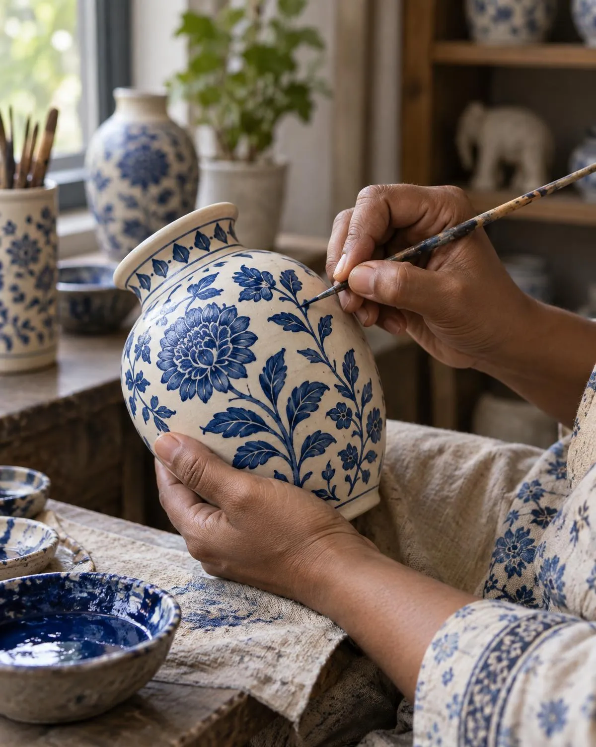 Artisan hand-painting a blue pottery vessel