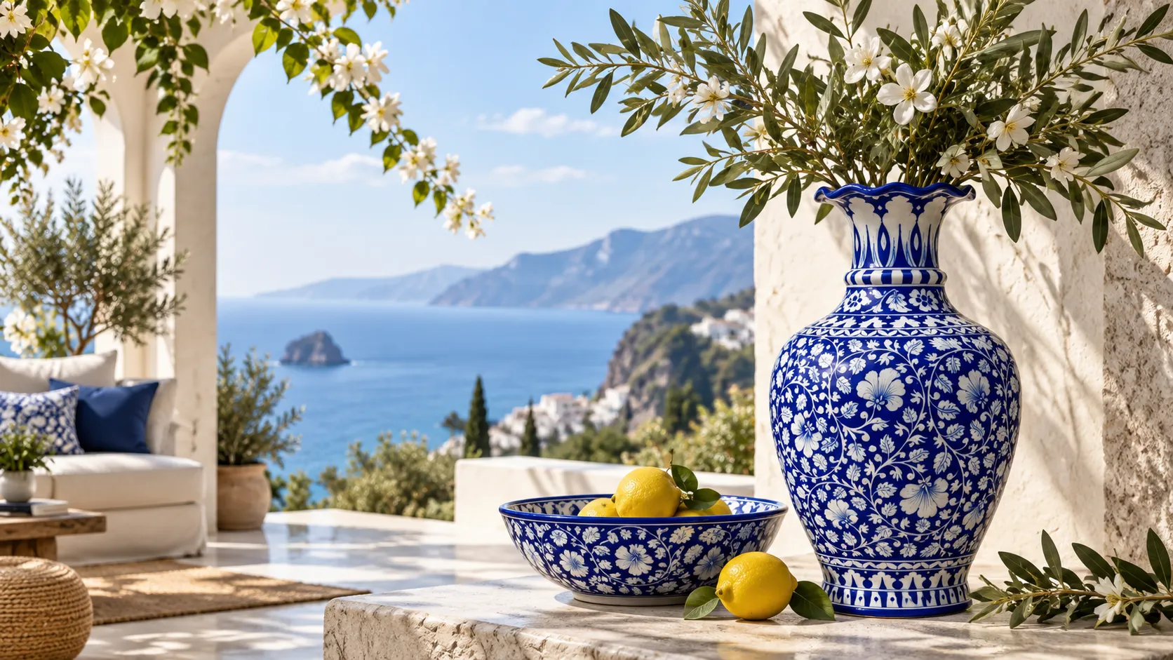 Blue pottery vase and a bowl of lemons on a stone terrace overlooking the sea