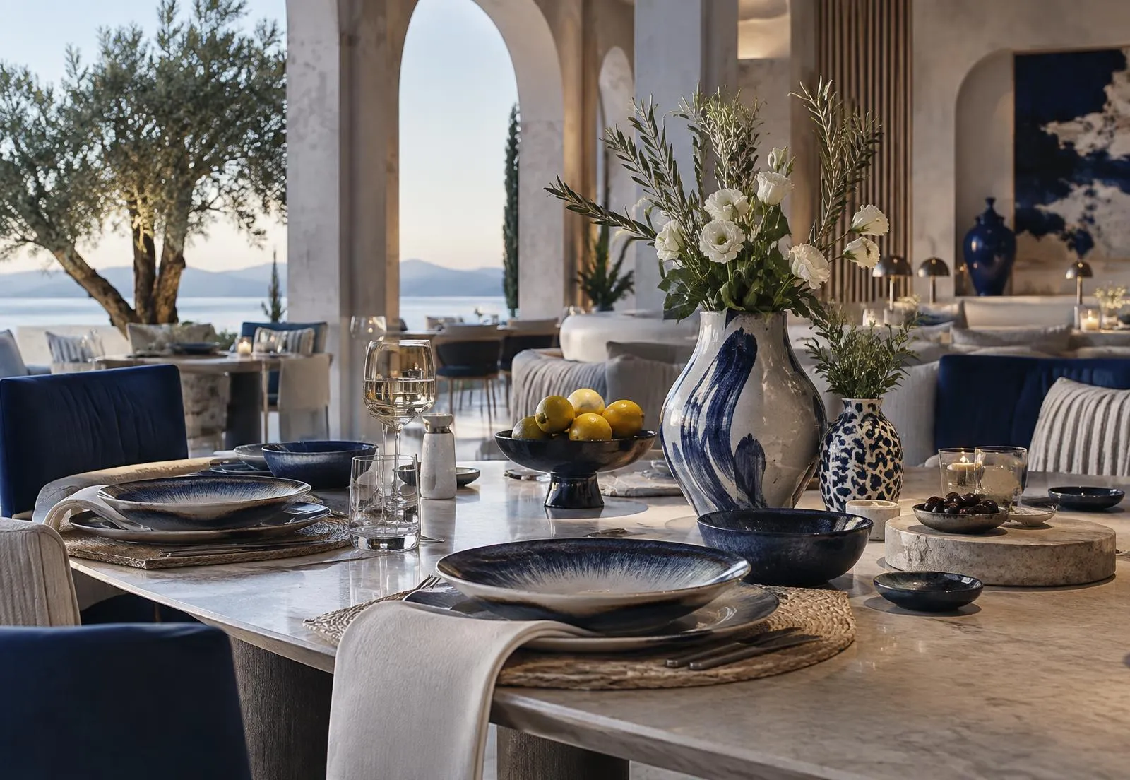 Blue and ivory ceramic tableware in a boutique hospitality interior